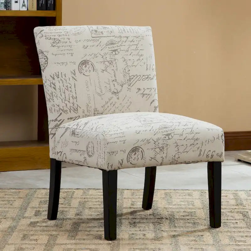 Sillón decorativo sin brazos con tela de escritura francesa y patas de madera espresso