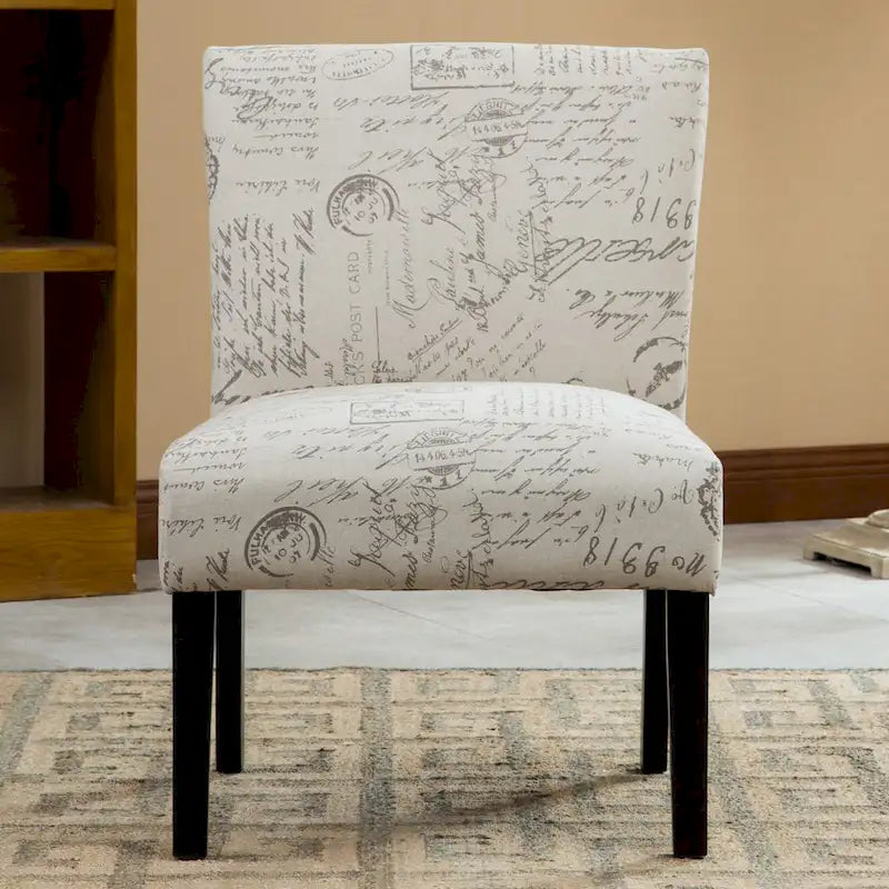 Sillón decorativo sin brazos con tela de escritura francesa y patas de madera espresso