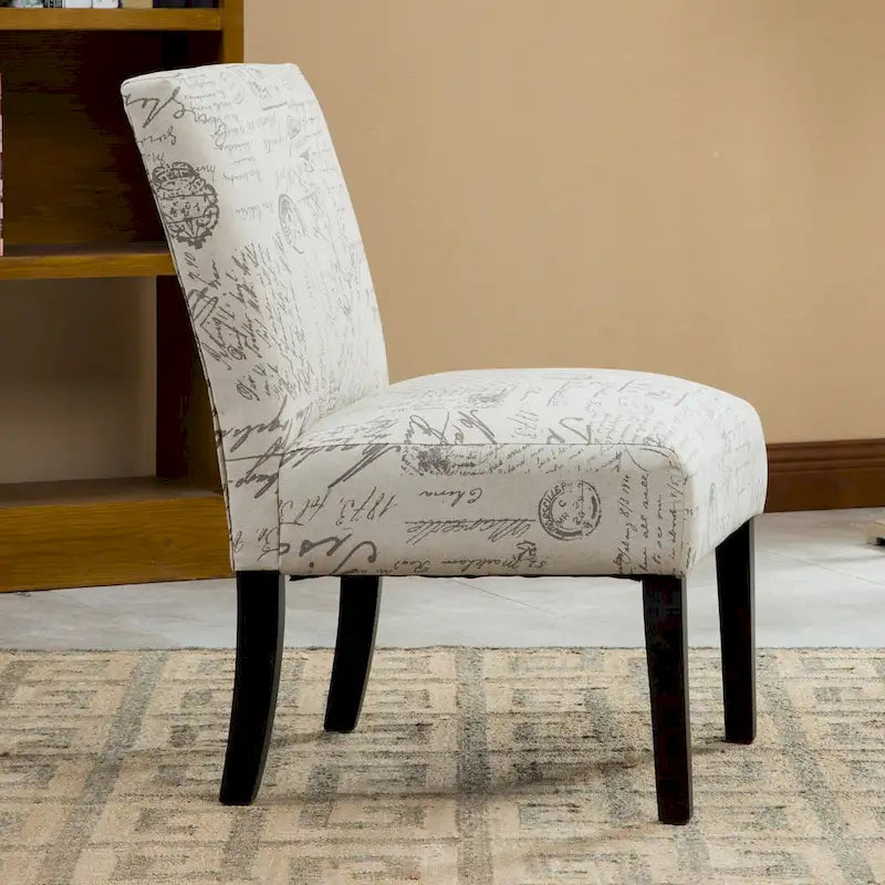 Sillón decorativo sin brazos con tela de escritura francesa y patas de madera espresso