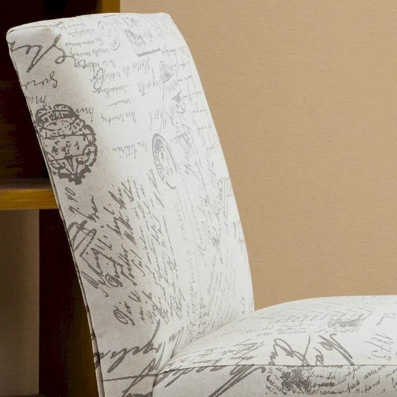 Sillón decorativo sin brazos con tela de escritura francesa y patas de madera espresso