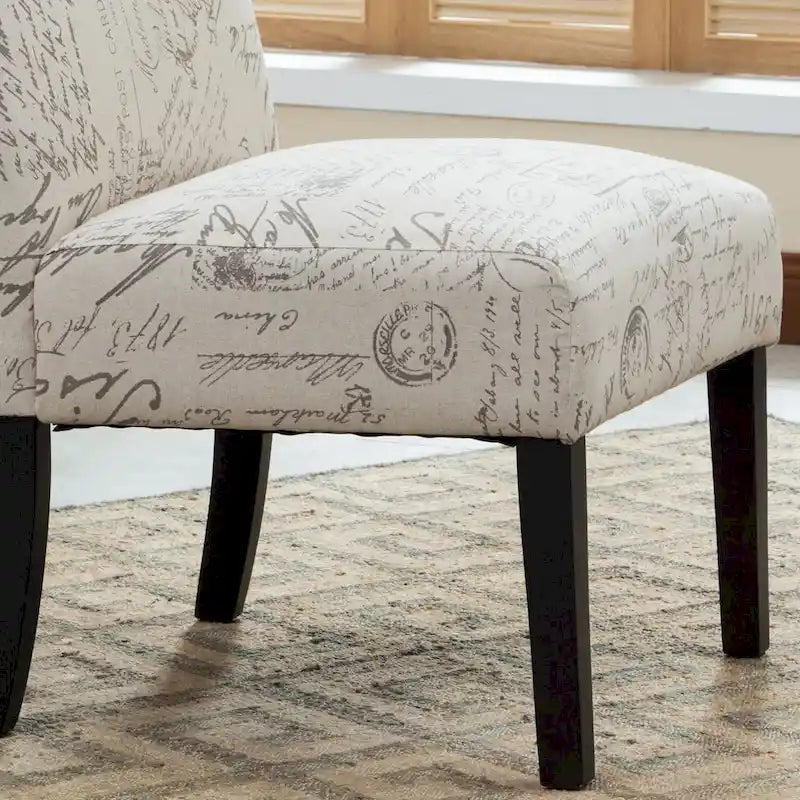 Sillón decorativo sin brazos con tela de escritura francesa y patas de madera espresso