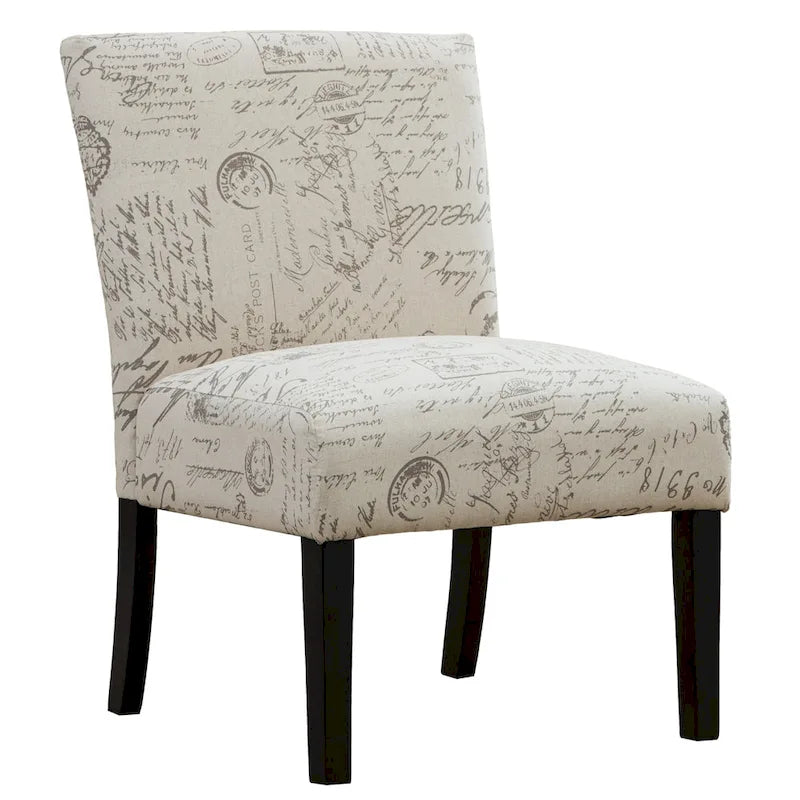 Sillón decorativo sin brazos con tela de escritura francesa y patas de madera espresso