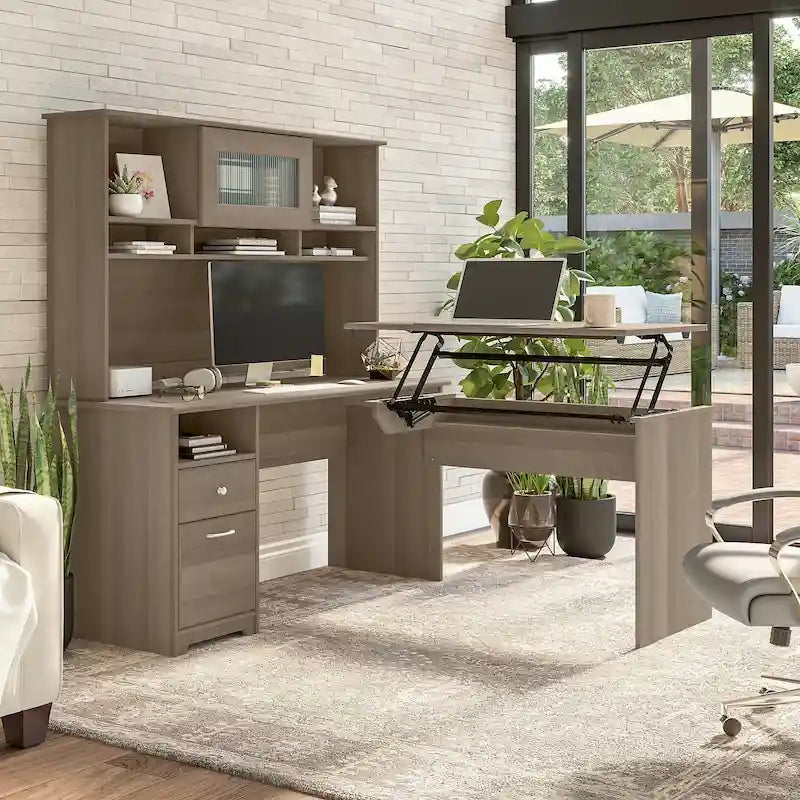 Escritorio en L de 60" elevable con soporte y cajón archivador
