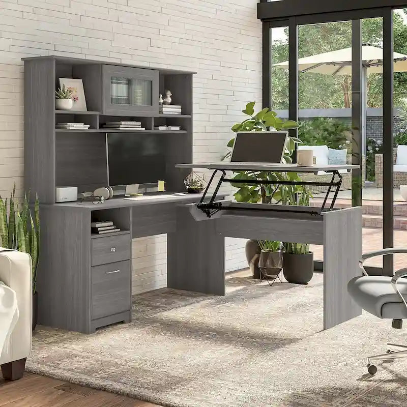 Escritorio en L de 60" elevable con soporte y cajón archivador