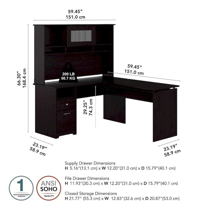 Escritorio en L de 60" elevable con soporte y cajón archivador