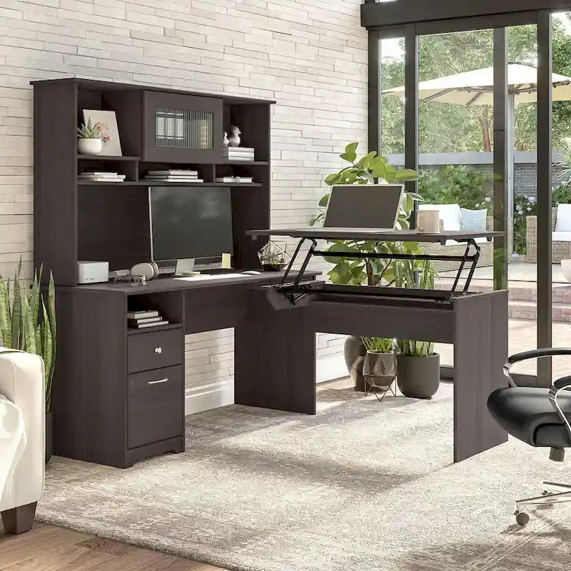 Escritorio en L de 60" elevable con soporte y cajón archivador