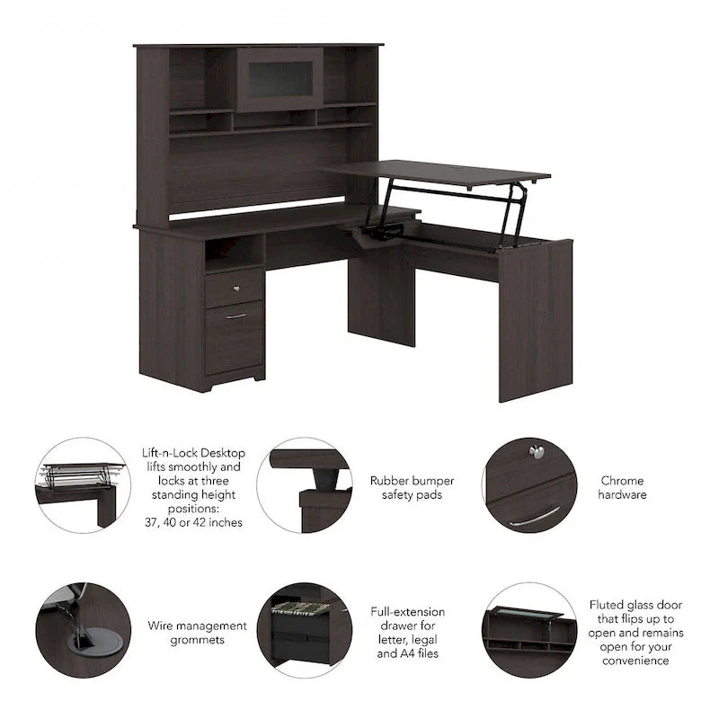 Escritorio en L de 60" elevable con soporte y cajón archivador