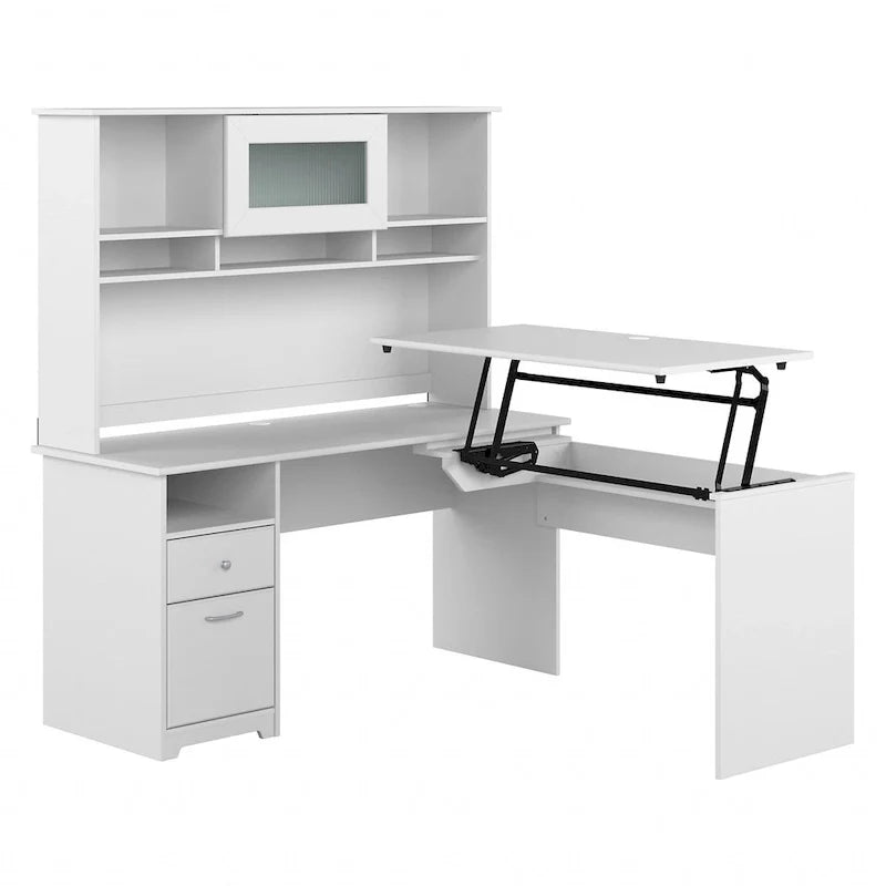 Escritorio en L de 60" elevable con soporte y cajón archivador