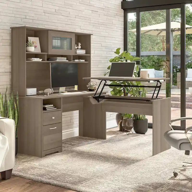 Escritorio en L de 60" elevable con soporte y cajón archivador