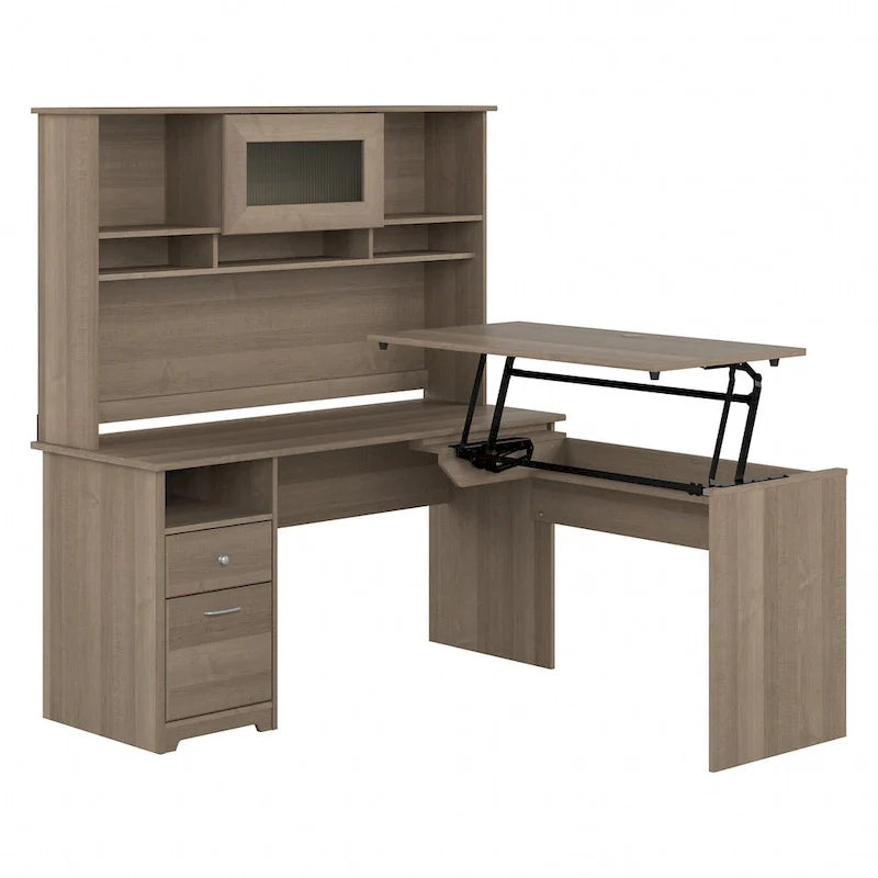 Escritorio en L de 60" elevable con soporte y cajón archivador