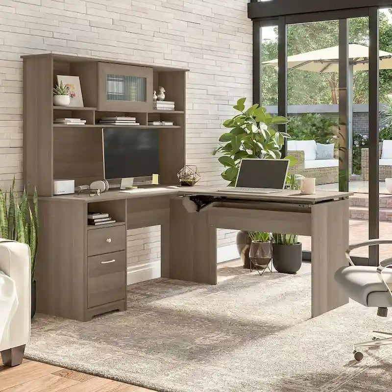 Escritorio en L de 60" elevable con soporte y cajón archivador