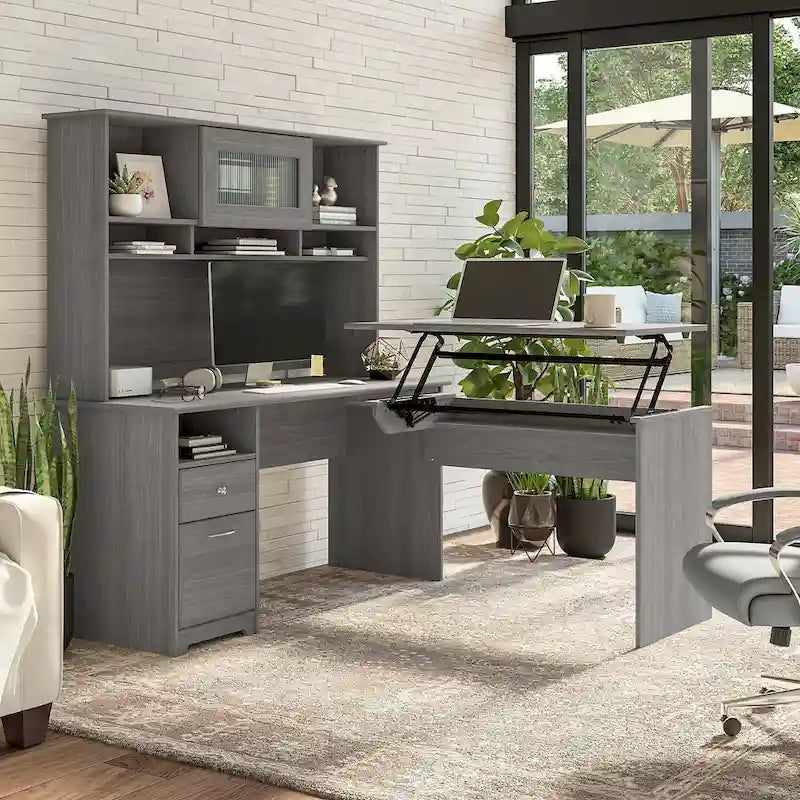 Escritorio en L de 60" elevable con soporte y cajón archivador
