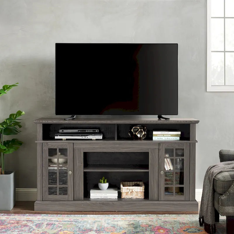 Mueble de TV clásico americano con 4 estantes de almacenamiento y 2 armarios de almacenamiento para sala de estar u oficina familiar