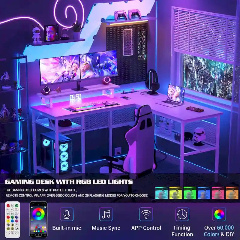Escritorio para computadora en forma de L con tomas de corriente, LED RGB y soporte para monitor