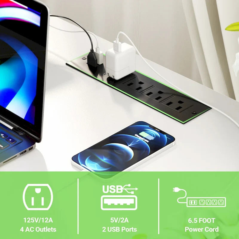 Escritorio para computadora en forma de L con tomas de corriente, LED RGB y soporte para monitor