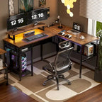 Escritorio para computadora en forma de L con tomas de corriente, LED RGB y soporte para monitor