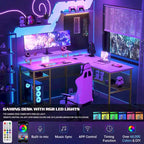 Escritorio para computadora en forma de L con tomas de corriente, LED RGB y soporte para monitor