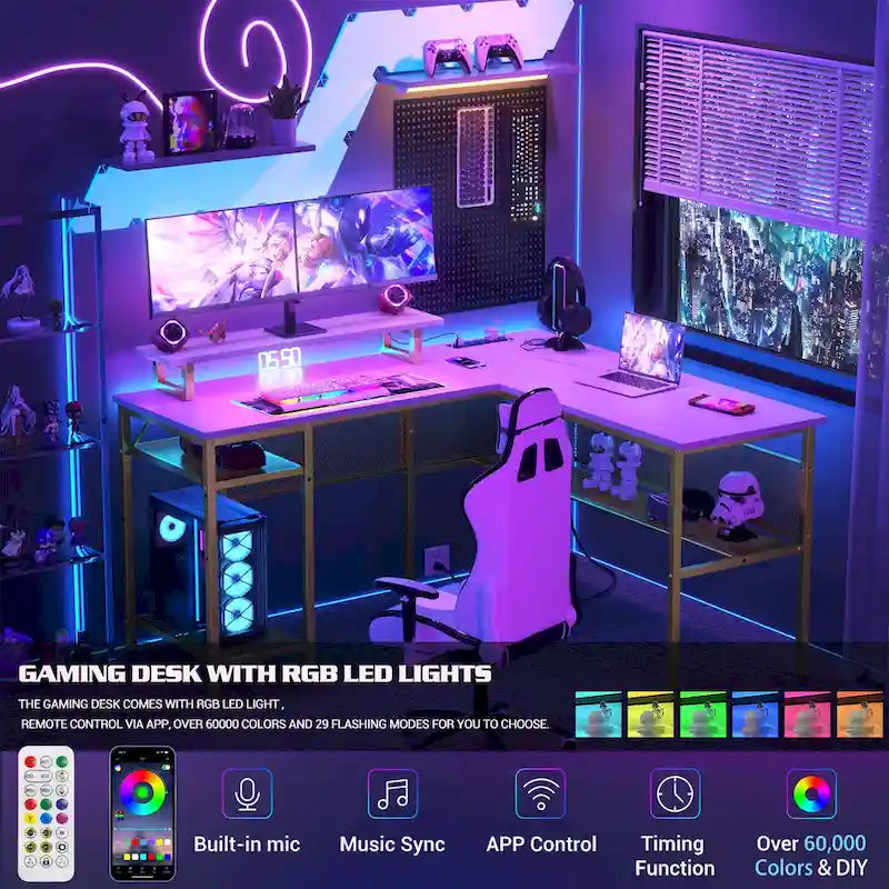 Escritorio para computadora en forma de L con tomas de corriente, LED RGB y soporte para monitor