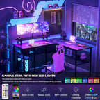Escritorio para computadora en forma de L con tomas de corriente, LED RGB y soporte para monitor