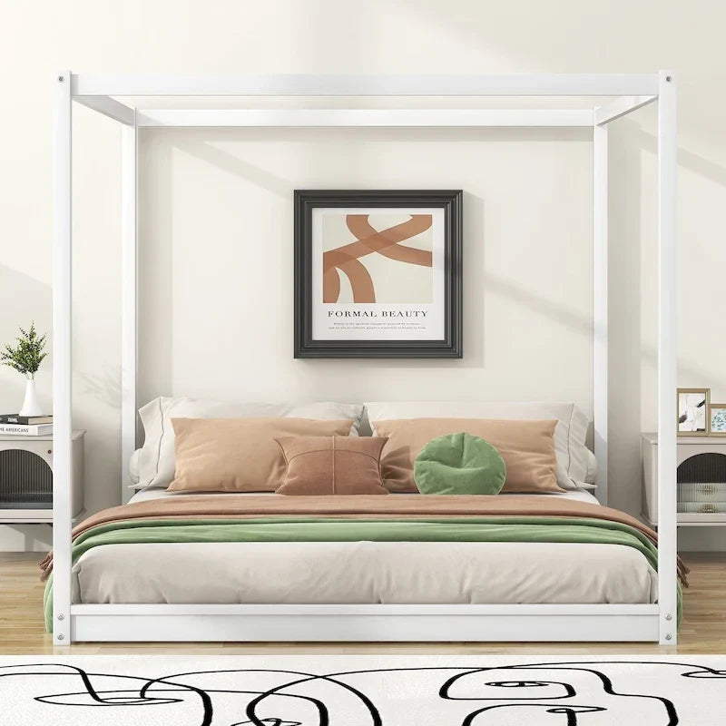 Cama de plataforma baja con dosel de madera de pino y MDF – Queen/King