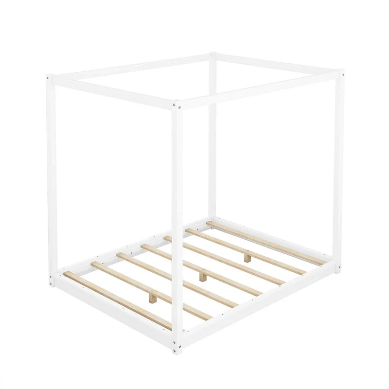 Cama de plataforma baja con dosel de madera de pino y MDF – Queen/King