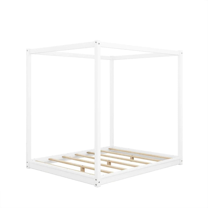 Cama de plataforma baja con dosel de madera de pino y MDF – Queen/King
