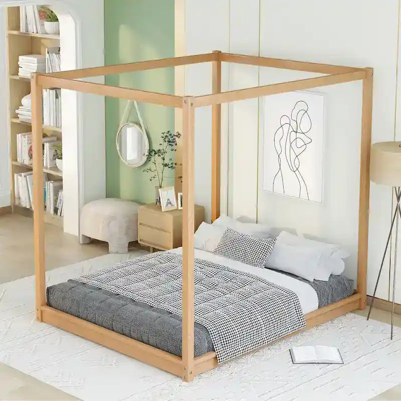 Cama de plataforma baja con dosel de madera de pino y MDF – Queen/King