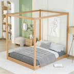 Cama de plataforma baja con dosel de madera de pino y MDF – Queen/King