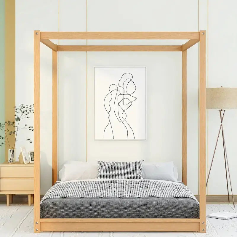 Cama de plataforma baja con dosel de madera de pino y MDF – Queen/King