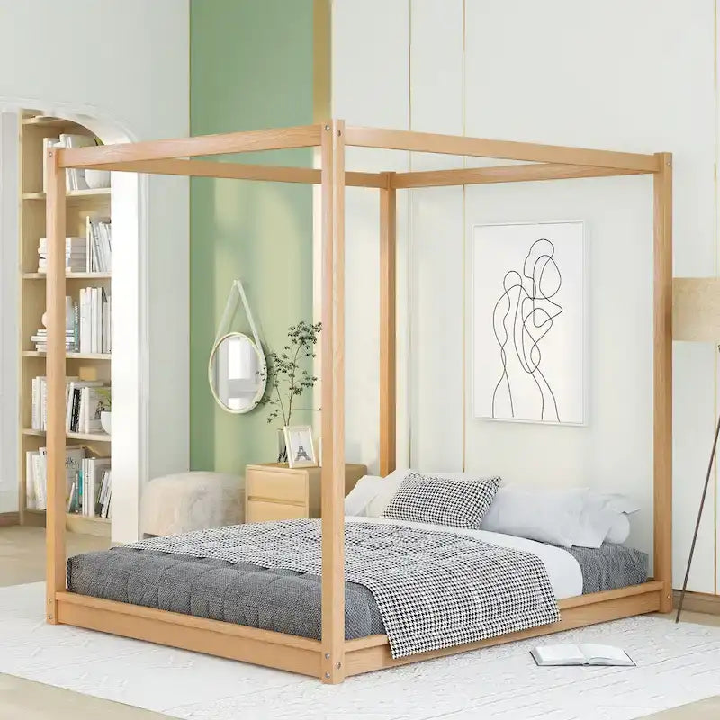 Cama de plataforma baja con dosel de madera de pino y MDF – Queen/King
