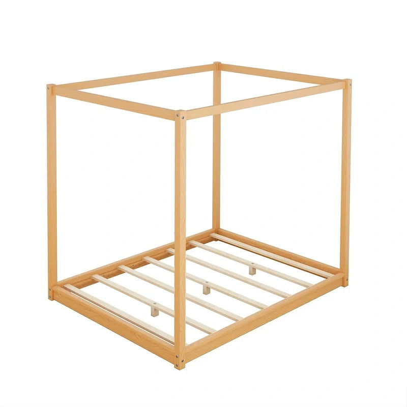 Cama de plataforma baja con dosel de madera de pino y MDF – Queen/King