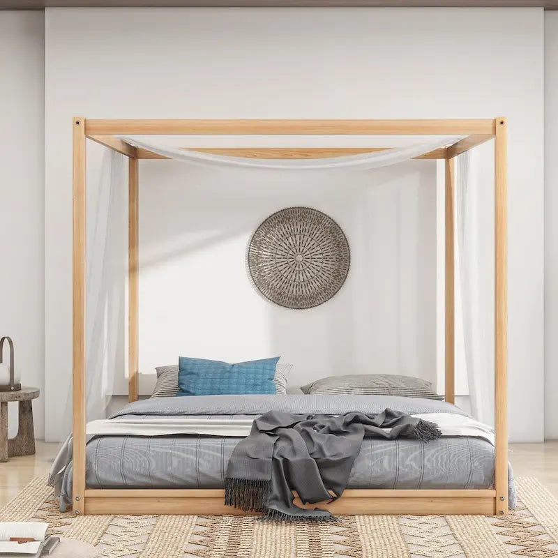 Cama de plataforma baja con dosel de madera de pino y MDF – Queen/King