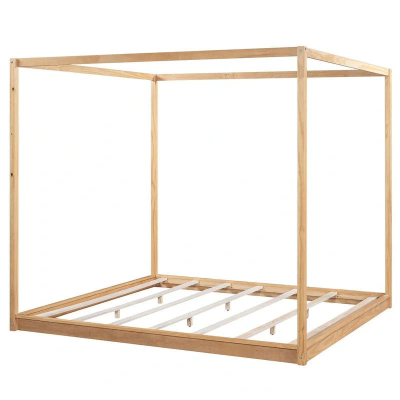 Cama de plataforma baja con dosel de madera de pino y MDF – Queen/King
