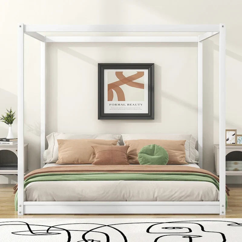 Cama de plataforma baja con dosel de madera de pino y MDF – Queen/King