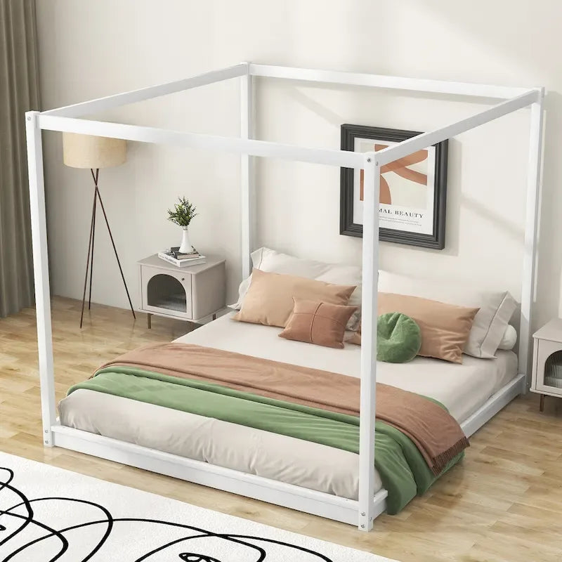 Cama de plataforma baja con dosel de madera de pino y MDF – Queen/King