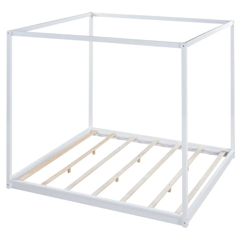Cama de plataforma baja con dosel de madera de pino y MDF – Queen/King