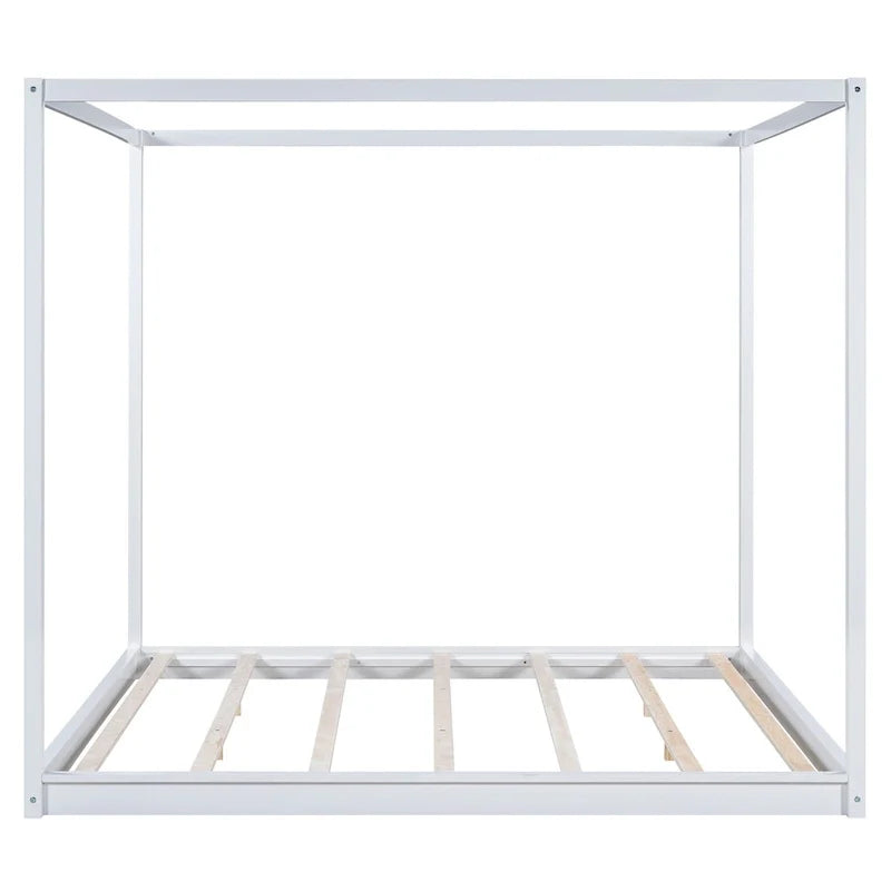 Cama de plataforma baja con dosel de madera de pino y MDF – Queen/King
