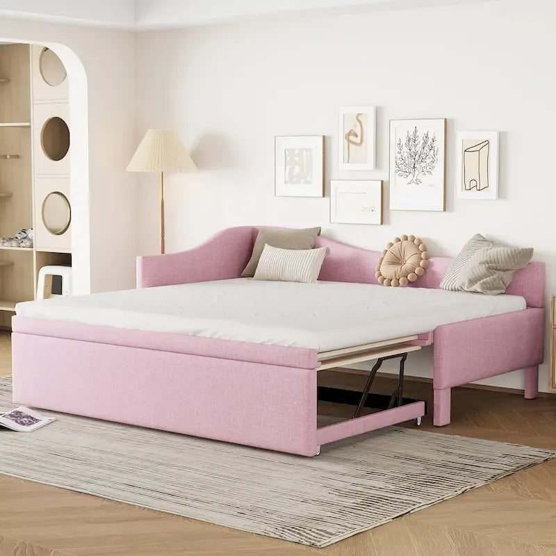 Sofá cama tapizado en forma de L tamaño individual con nido elevable – Rosa