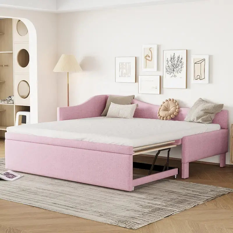 Sofá cama tapizado en forma de L tamaño individual con nido elevable – Rosa