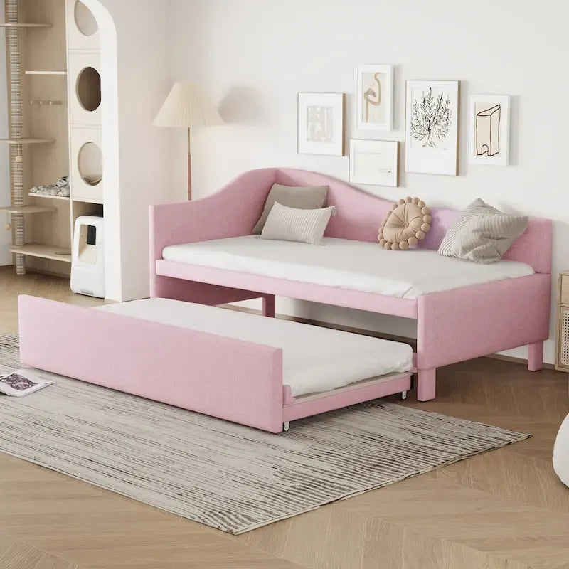 Sofá cama tapizado en forma de L tamaño individual con nido elevable – Rosa
