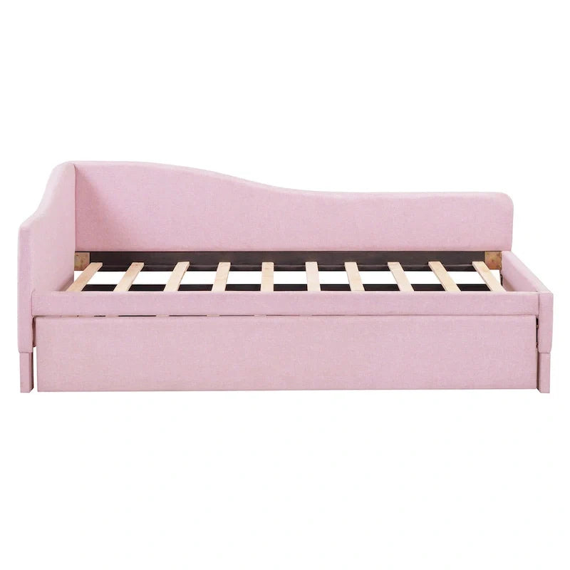 Sofá cama tapizado en forma de L tamaño individual con nido elevable – Rosa