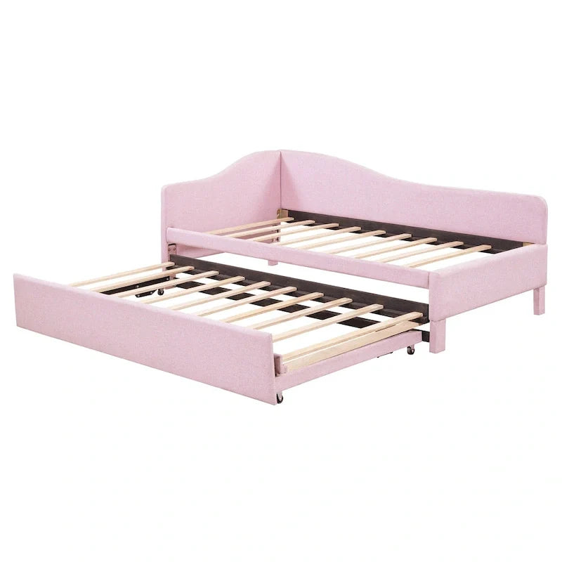 Sofá cama tapizado en forma de L tamaño individual con nido elevable – Rosa