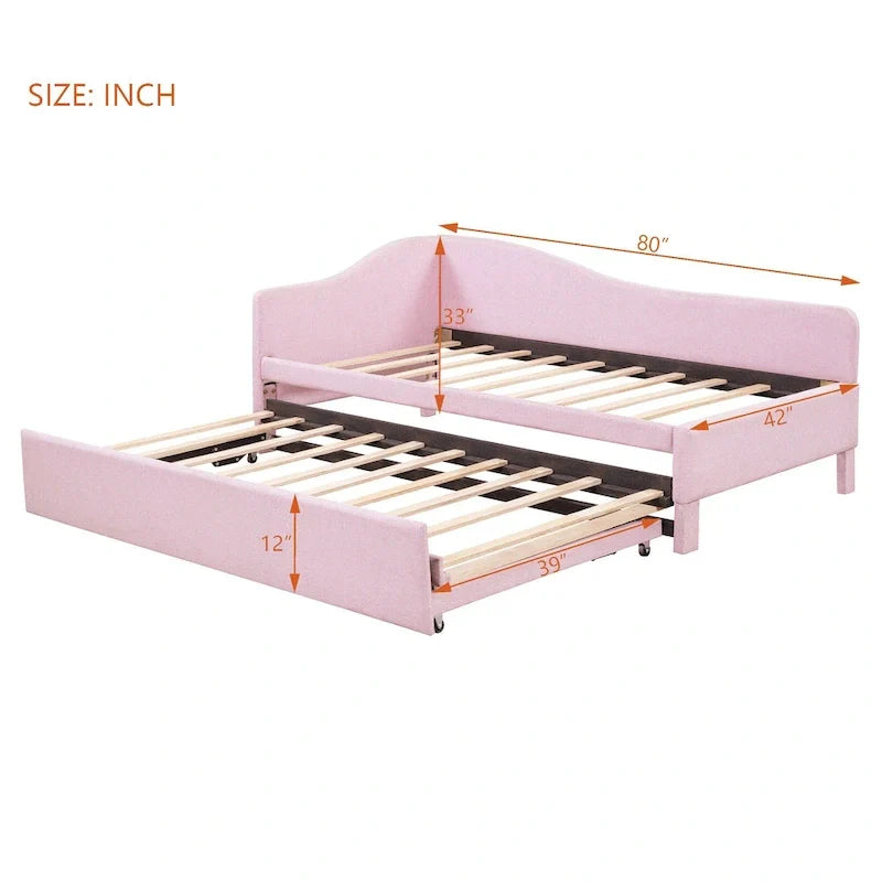 Sofá cama tapizado en forma de L tamaño individual con nido elevable – Rosa
