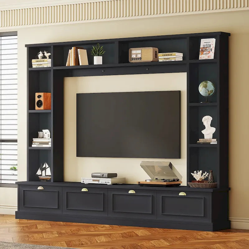 104.2 Mueble de pared con soporte para TV, estanterías y armarios – Negro