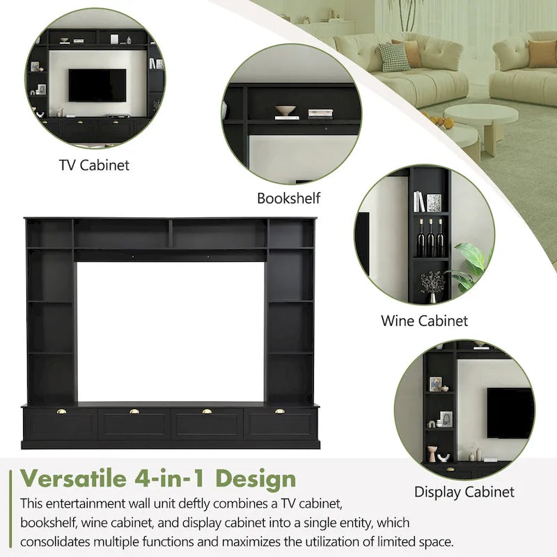 104.2 Mueble de pared con soporte para TV, estanterías y armarios – Negro