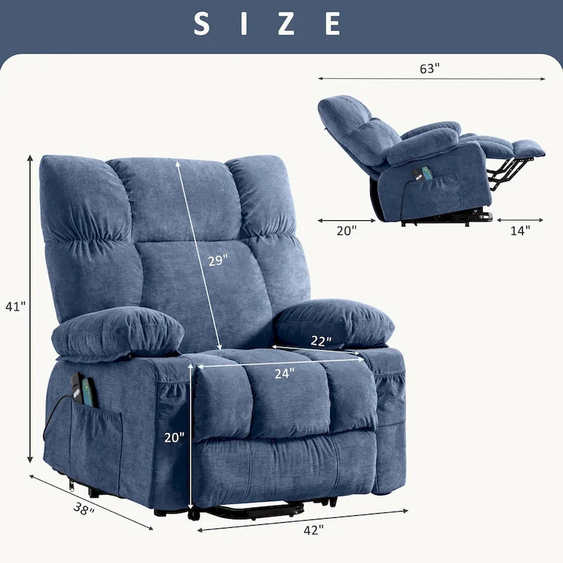 Sillón reclinable elevador eléctrico con calor, masaje, carga USB – Azul