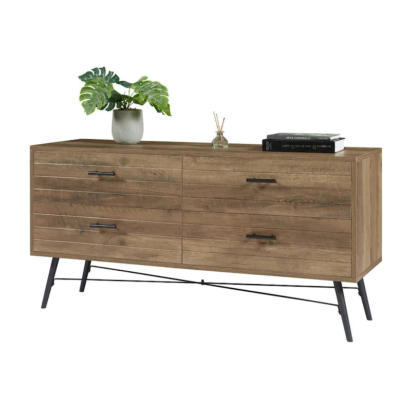 Cómoda horizontal de 4 cajones con acabado nogal rústico