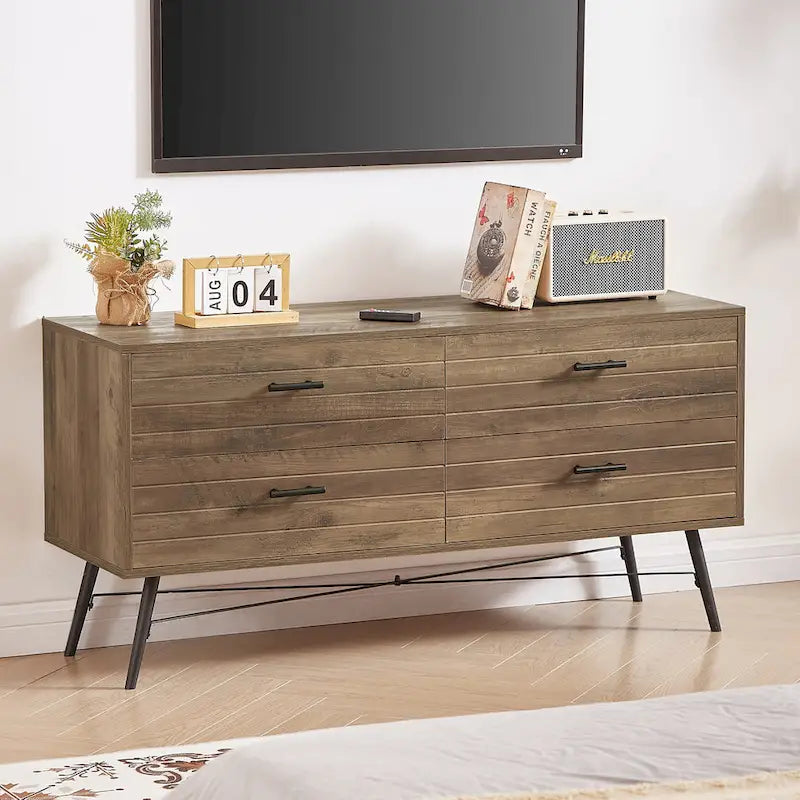 Cómoda horizontal de 4 cajones con acabado nogal rústico