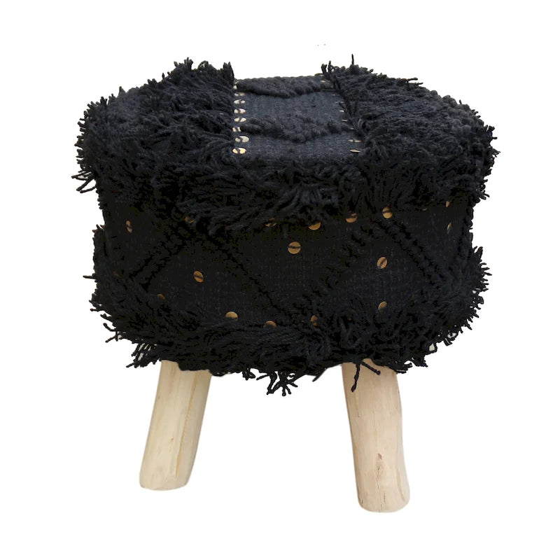 Taburete de tela bohemio con base de madera de eucalipto