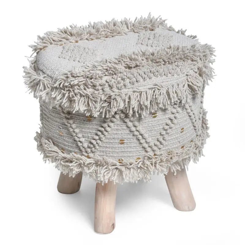 Taburete de tela bohemio con base de madera de eucalipto